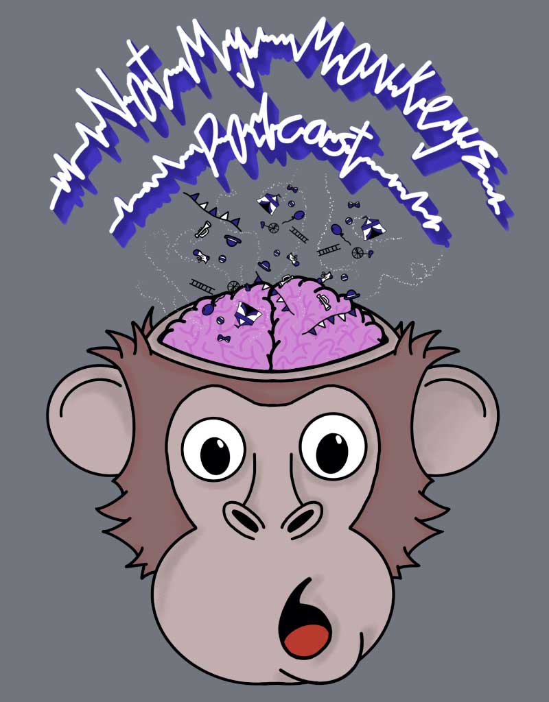 The 'Not My Monkeys'
		podcast logo. A caricature of an inquisitive looking monkey. The
		monkey's head has a large hole, exposing his brain and pouring out
		of it are many circus-themed items. These items include tents,
		bunting, balloons, ladders, juggling balls, unicycles, bow-ties,
		bowler hats and trumpets! Above the monkey, lies the name of the
		podcast written as part of an audio wave.